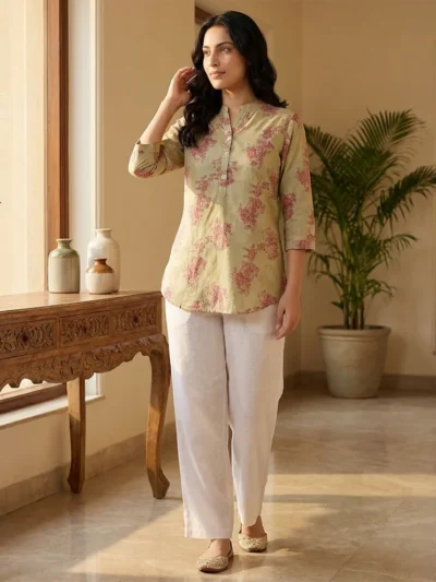 Beige Women Floral Printed Short Kurti