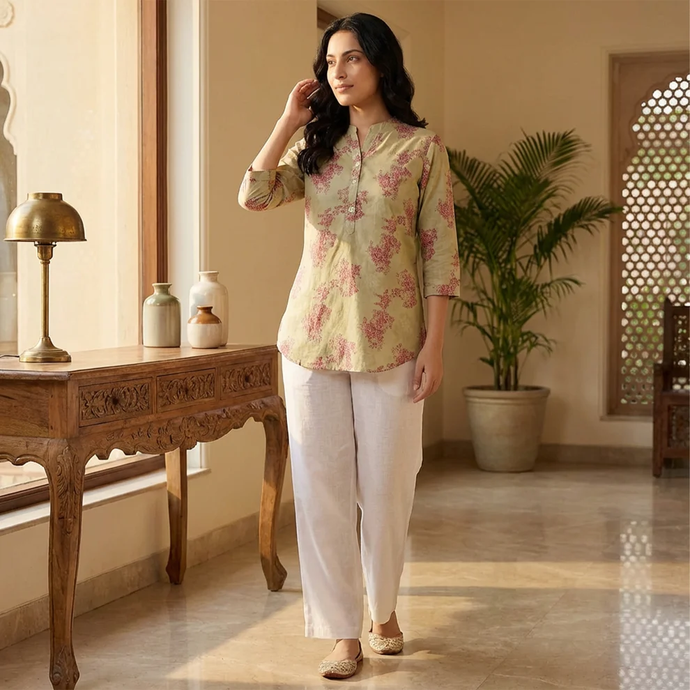 Beige Women Floral Printed Short Kurti