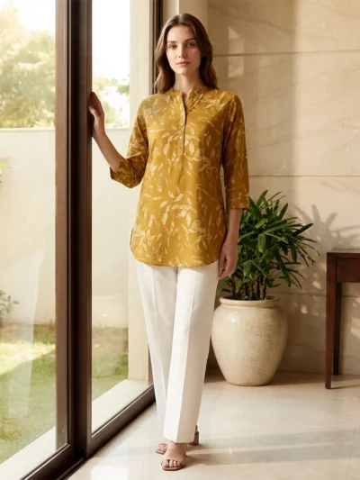 Mustard Women Floral Printed Short Kurti
