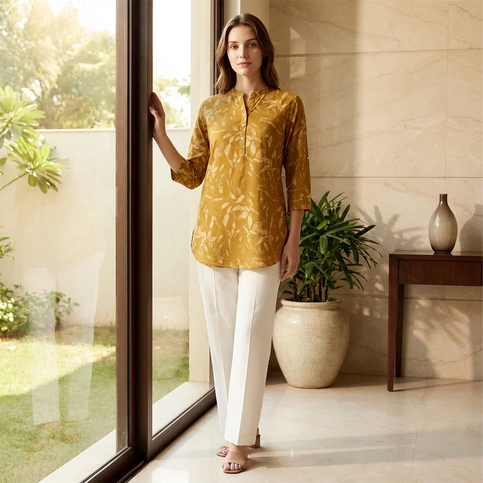 Mustard Women Floral Printed Short Kurti