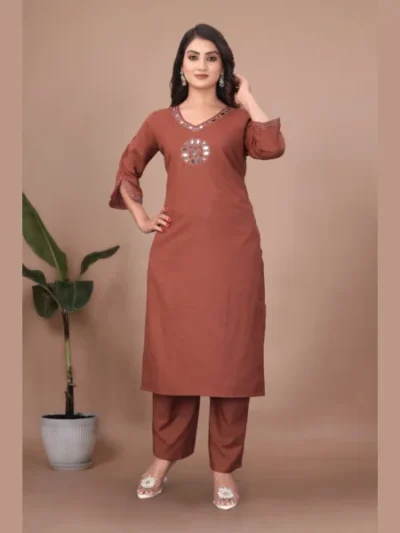 Everyday Wear Brown Slub Cotton Mirror Handwork Kurti Pant Sets