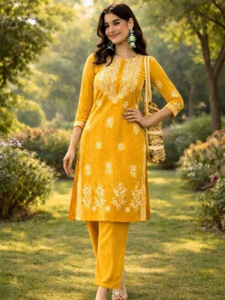 Musterd Yellow Tesla Cotton Blend Kurti Set