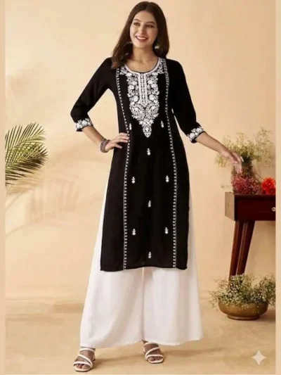 Women Hevy Black Rayon Kurta Set Embroidery Work